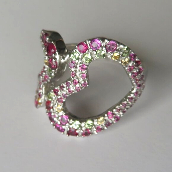 Double Heart Rhodolite Garnet Peridot Gemstone 925 Sterling Silver Ring Size 9 - Picture 11 of 15